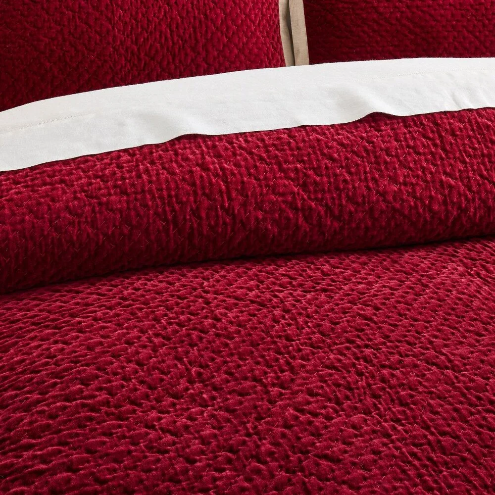 Pottery Barn Cross Stitch Velvet Quilt Ruby Red Full / Queen NEW